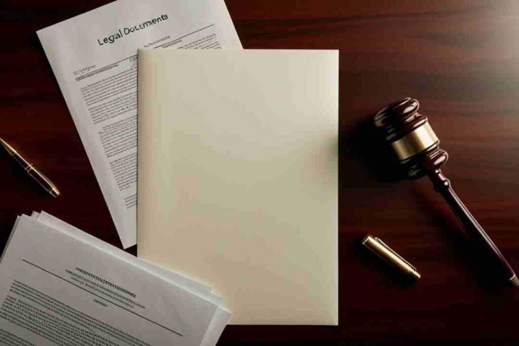 Gavel and pen next to various legal documents and a blank folder.